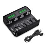 LCD Universal Battery Charger 8 Bay AA AAA C D Battery Charger for Rechargeable Batteries Ni-MH AA AAA C D Batteries with 2A USB Port, Type C Input, Fast AA AAA Battery Charger