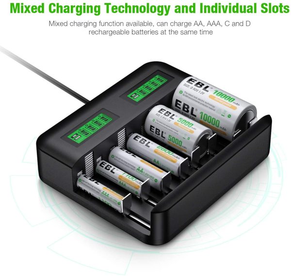 LCD Universal Battery Charger 8 Bay AA AAA C D Battery Charger for Rechargeable Batteries Ni-MH AA AAA C D Batteries with 2A USB Port, Type C Input, Fast AA AAA Battery Charger - Image 7