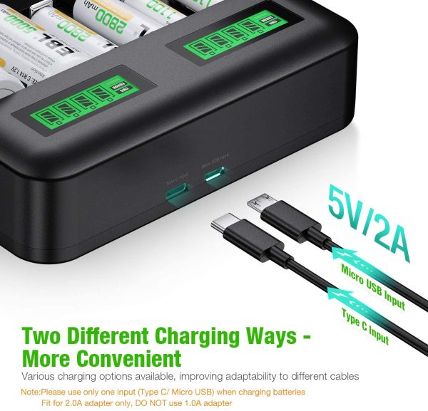 LCD Universal Battery Charger 8 Bay AA AAA C D Battery Charger for Rechargeable Batteries Ni-MH AA AAA C D Batteries with 2A USB Port, Type C Input, Fast AA AAA Battery Charger - Image 5