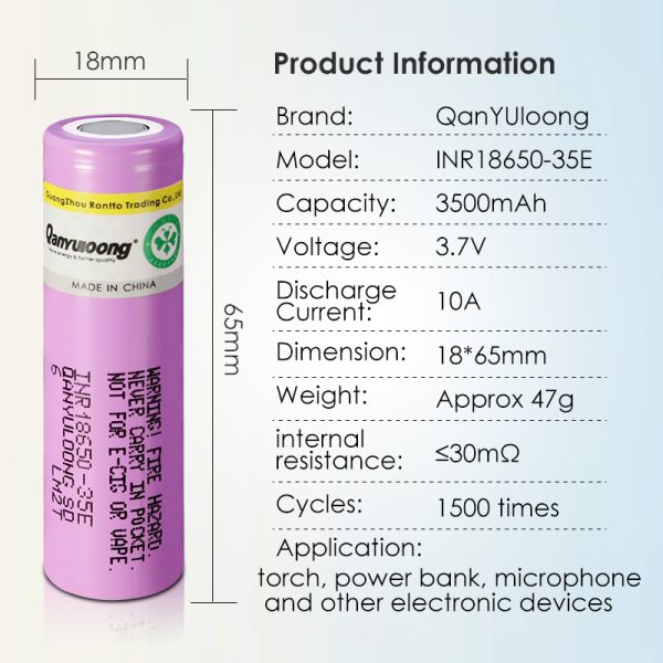 QanYUloong®QanYUloong 100% Original 3.7V INR18650 High-Power Lithium Battery for Electric Tools 35E 3500mAh Flashlight Long-Lasting Use - Image 5