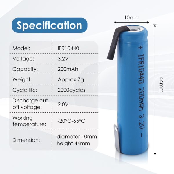 3.2V IFR10440 AAA 200mAh LiFePO4 Rechargeable Battery With DIY Nickel Tabs - Image 5
